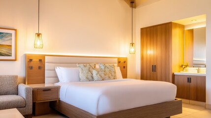 Modern hotel room featuring a cozy bed, stylish decor, and a well-lit bathroom area