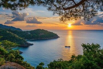 Stunning sunset view over the coast of Phuket in Thailand with serene waters and vibrant colors, Phuket travel destination Thailand coast sunset view