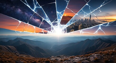 Shattered Worlds A Surreal Collage of Cityscapes, Nature, and Cosmos