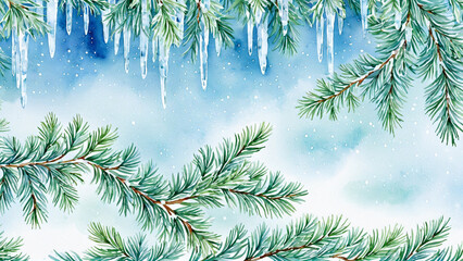 Obraz premium Winter Background with Pine Branches and Icicles