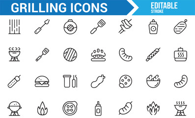 Set of Grilling and BBQ Icons for Barbecue, Meat, Burger, and Sausage Cooking