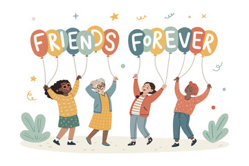 Diverse group of four friends joyfully holding balloons that spell out friends forever against a white background with decorative elements