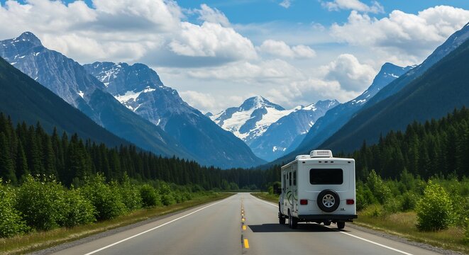 Majestic Mountain Road Trip: RV Driving on Scenic Highway Through Canadian Rockies