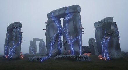 Enigmatic Stonehenge A Surreal Vision of Ancient Stones and Glowing Fungi