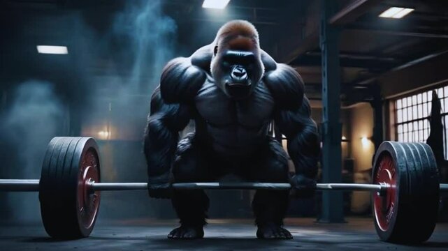 A powerful black warrior gorilla in gym lifting a heavy barbell in smoky black background