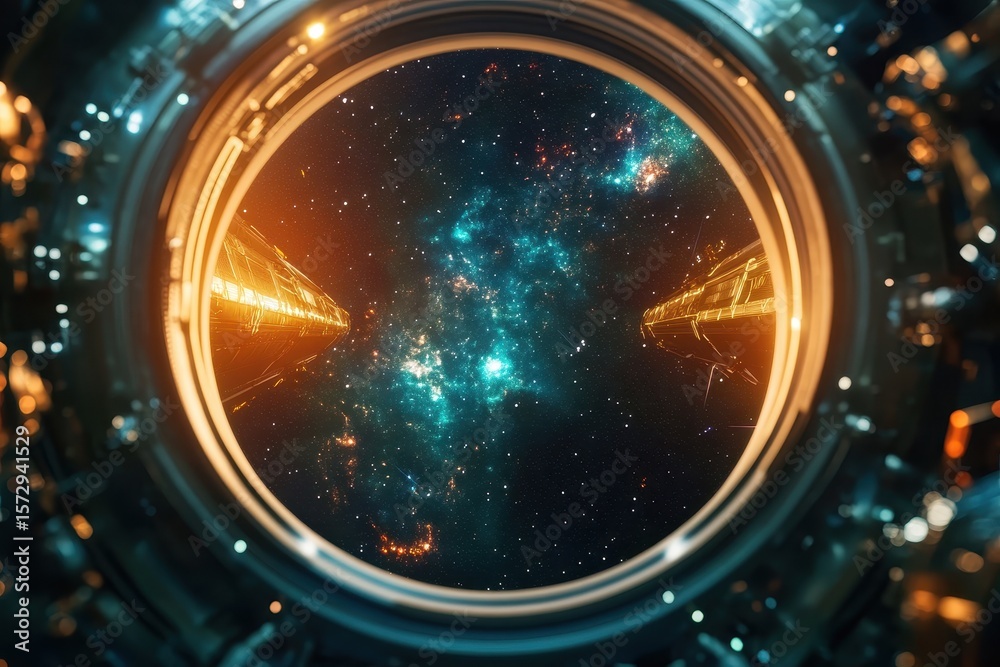 Poster view of vibrant nebula and distant stars through spacecraft window in outer space, outer space view 