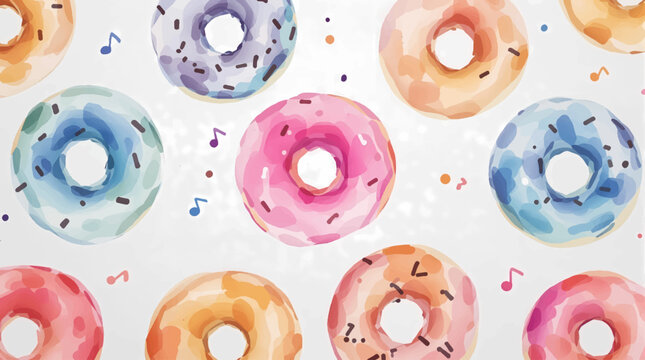 Watercolor background pattern donuts on white background