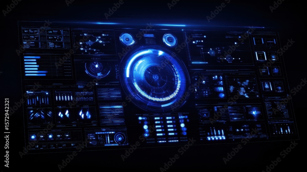 Poster futuristic digital interface displaying data analytics and visualizations in a dark environment