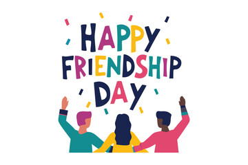 Celebrate friendship day with this vibrant illustration featuring three diverse friends with arms raised in joy and colorful confetti