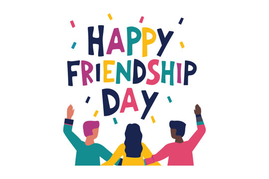 Celebrate friendship day with this vibrant illustration featuring three diverse friends with arms raised in joy and colorful confetti
