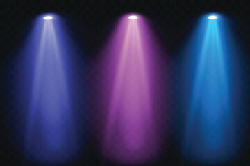 Stage spotlights with bright blue and purple beams on a transparent background. Suitable for shows, concerts, presentations and interfaces.