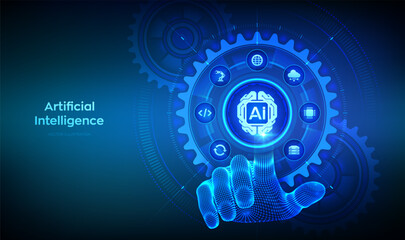 AI. Artificial Intelligence. Digital brain. Machine Learning Concept. Neural networks. AI technology. Wireframe hand touching digital interface with connected gears cogs and icons. Vector illustration