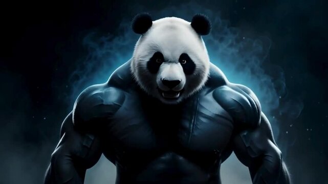 A wild black and white cartoon panda bear character