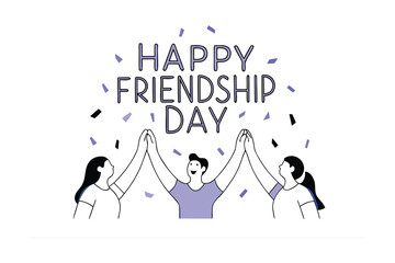 Three friends celebrating happy friendship day with a high five and confetti symbolizing togetherness and joy