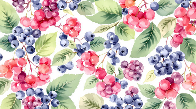 Hand painted watercolor berries pattern on minimal white background composition