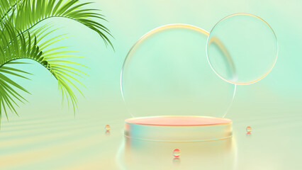 Summer product podium. Summer sale banner. Glass podium display. Pedestal, platform for product presentation with a tropical palm leaves. Blue yellow orange colorful background. Vector illustration.