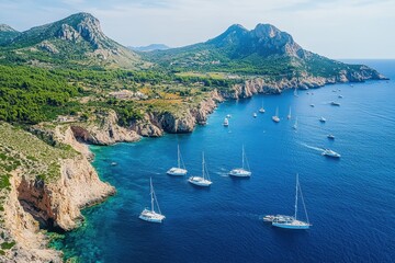Obraz premium Sailing boats glide gracefully in tranquil waters along the coastline under a clear sky, Camera moving forward over sailing boats off the coast of Spain, aerial shot