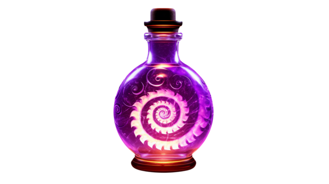 Glowing potion bottle with spiral design isolated on transparent background creates a mystical effect.