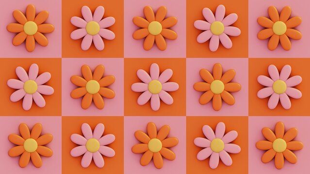 Summer 3d horizontal render wallpaper flower happy positive daisy checker texture orthographic pattern layer retro doodle groovy cartoon poster banner sale vibrant orange pink sunset colors background
