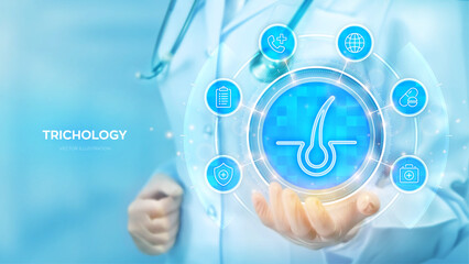 Trichology and Dermatology concept. Hair loss, growth, transplant, removal, care. Hair follicle treatment. Doctor holding in hand Hair icon and medical icons network connection. Vector illustration.