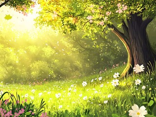 A sunlit meadow with wildflowers and a large tree with pink blossoms, creating a serene and idyllic scene.