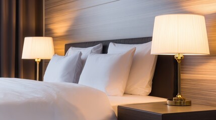 Modern hotel room with elegant bed and lamps, showcasing a cozy atmosphere for relaxation