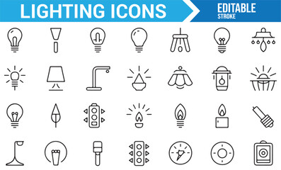 Set of Illumination and Lighting Symbols for Light Bulbs, Lamps, and Electric Power

