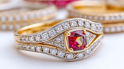 Close up of Red Gemstone and Diamond Gold Ring