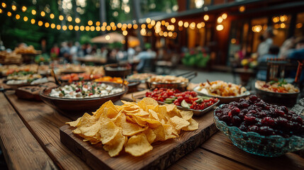 Fototapeta premium Outdoor party table filled with snacks under glowing string lights