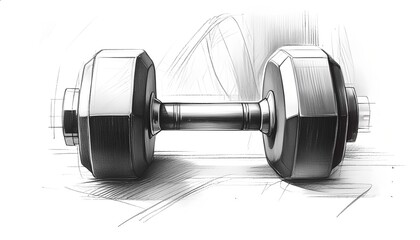 Hexagonal dumbbell sketch showing precision, balance, strength and iron texture