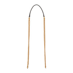 Elegant gold chain handbag strap with black leather top section isolated on white background