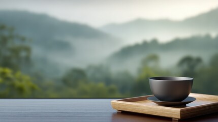 Serene landscape view with a black bowl on a wooden tray, showcasing misty mountains in the background