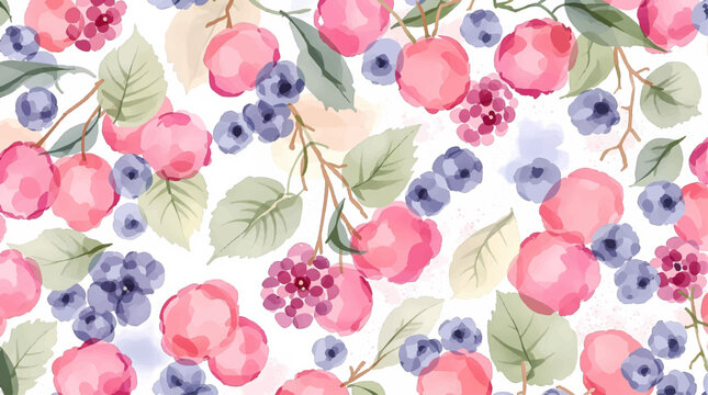 Watercolor pattern featuring raspberries white background