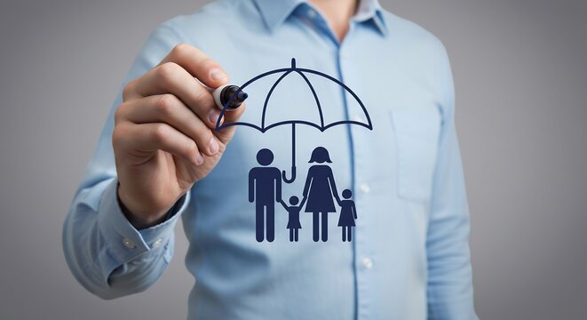 Businessman Drawing Family Protection Concept with Umbrella Icon, Financial Security and Insurance Planning - Powered by Adobe