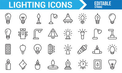 Icons of Lighting, Light Bulbs, Lamps, and Electric Symbols for Interior and Outdoor Lighting