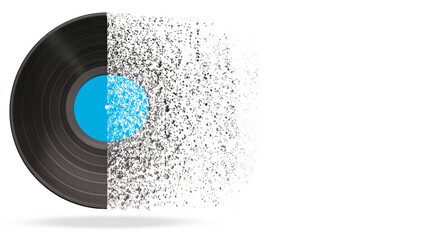 Half vinyl record dissolving into particles on white background as abstract music concept