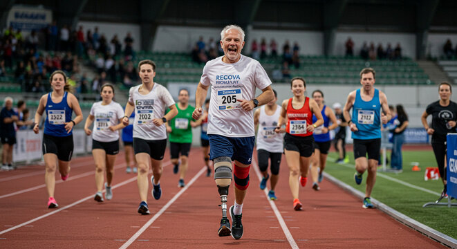 Smiling seniors participate in community fun run, energetic crowd and teamwork

