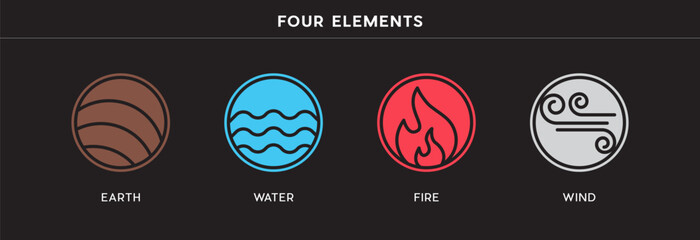Vibrant line art icons representing the Four Elements Earth, Water, Fire, Wind with symbolic colors and a clean modern design on a dark background.
