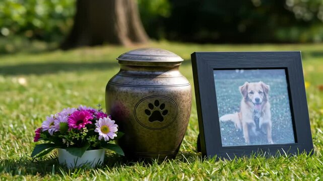 Pet urn for dog cremation with paw print, picture frame of a smiling dog and flowers on grass video.