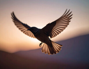 Fototapeta premium Soaring Freedom: A small bird soars gracefully in the air with its wings spread wide against the backdrop of the sky, capturing a moment of serene beauty.