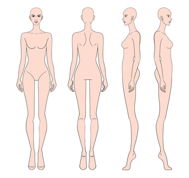 Colored fashion croquis figurines front side back view with bald woman in vector.