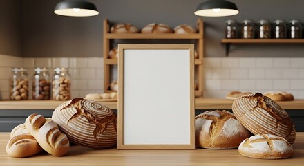 Freshly Baked Bread Displayed with Blank Sign in Bakery Setting