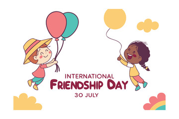 Friendship Day Celebration: Joyful illustration depicting the spirit of International Friendship Day, featuring diverse kids and colorful balloons, celebrating camaraderie and unity.