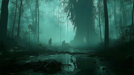 Fototapeta premium Mysterious figures emerge from the dense fog in a dark and eerie forest