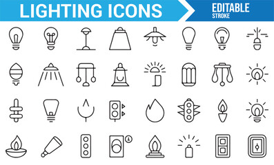 Set of Electric Lighting, Light Bulbs, and Energy Symbols for Interior and Exterior Design