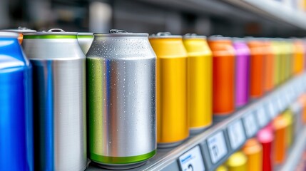 Colorful Aluminum Beverage Cans on Supermarket Shelf