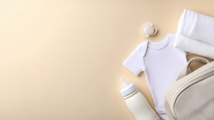 Baby essentials neatly arranged on a soft background, featuring a onesie, bottle, and pacifier