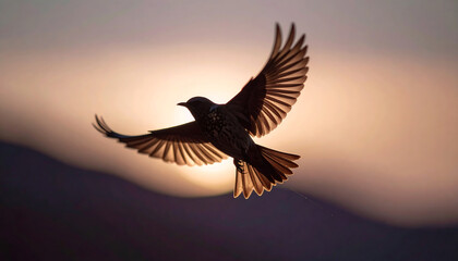 Bird in Flight at Sunset: A silhouette of a bird in flight against a vibrant sunset, wings spread wide, showcasing freedom and serenity.