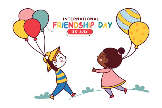 International Friendship Day: Happy children holding colorful balloons, celebrating friendship and togetherness. - Powered by Adobe