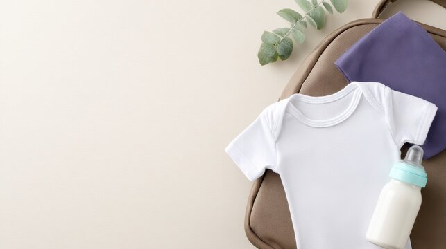 Baby essentials laid out on a neutral background, featuring a onesie, bottle, and cloth